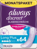 Always Discreet Inkontinenz-Einlagen Long Plus Monatspaket bei Blasenschwäche, 64 Einlagen (4 Packungen x 16 Stück)